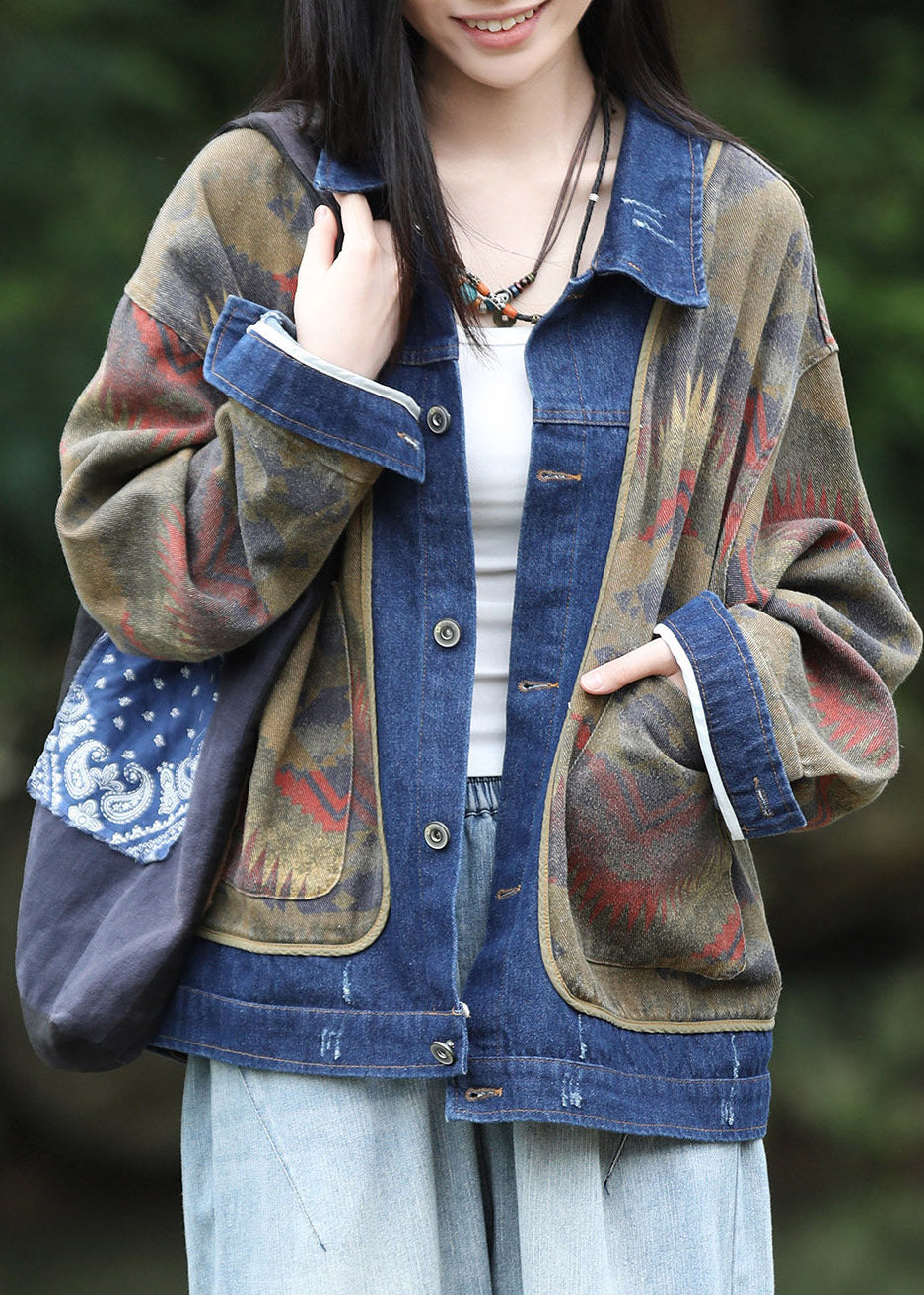 Handmade Peter Pan Collar Print Denim Patchwork Fake Two-Piece Coats Fall