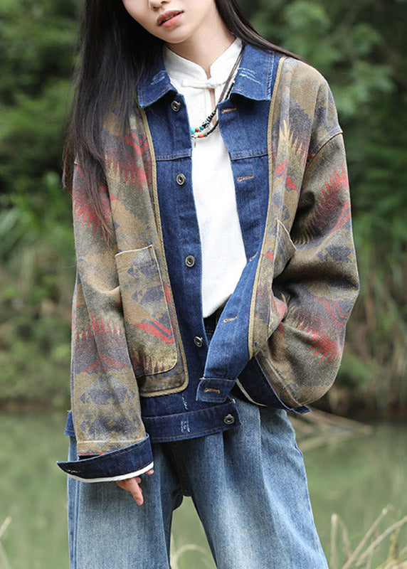 Handmade Peter Pan Collar Print Denim Patchwork Fake Two-Piece Coats Fall