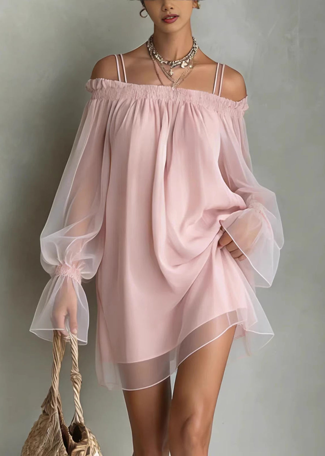 Handmade Pink Cold Shoulder Ruffled Patchwork Chiffon Dresses Long Sleeve