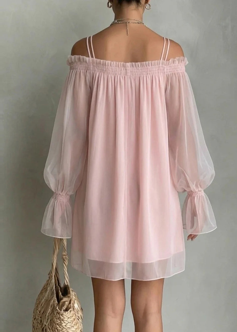 Handmade Pink Cold Shoulder Ruffled Patchwork Chiffon Dresses Long Sleeve