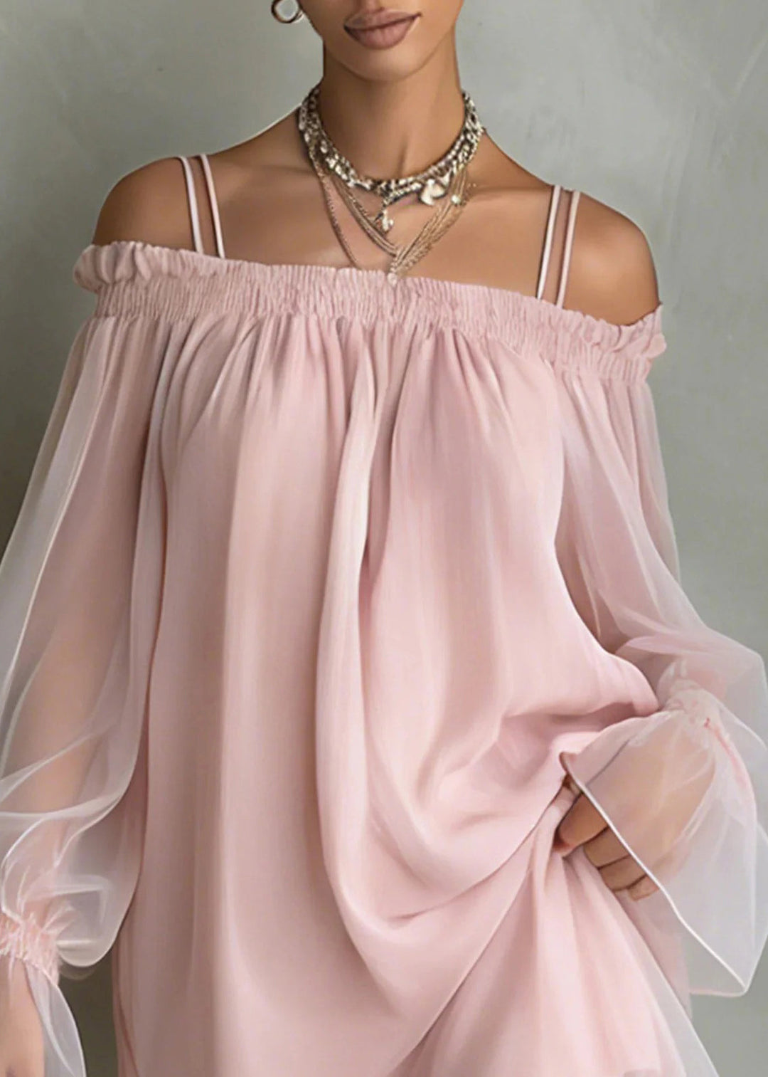 Handmade Pink Cold Shoulder Ruffled Patchwork Chiffon Dresses Long Sleeve