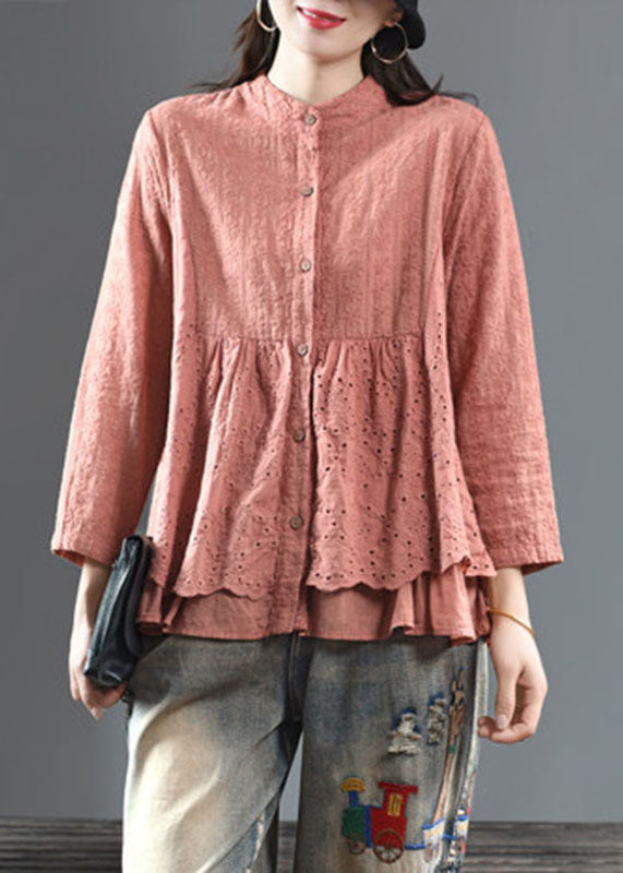 Handmade Pink O-Neck Patchwork Tops Fall