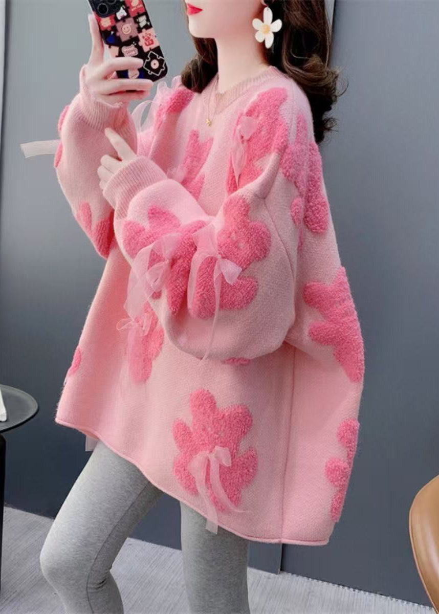 Handmade Pink Oversized Floral Knit Bow Sweater Winter