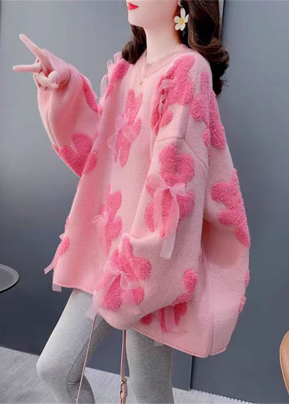 Handmade Pink Oversized Floral Knit Bow Sweater Winter