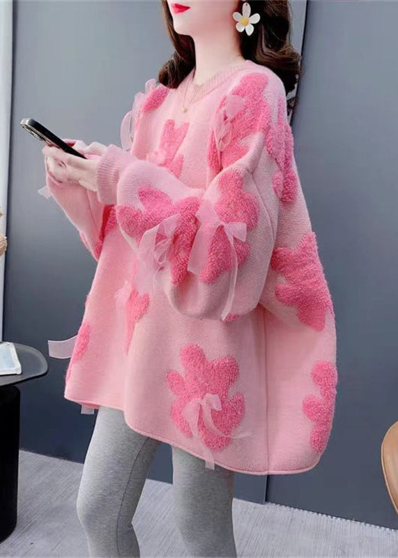Handmade Pink Oversized Floral Knit Bow Sweater Winter