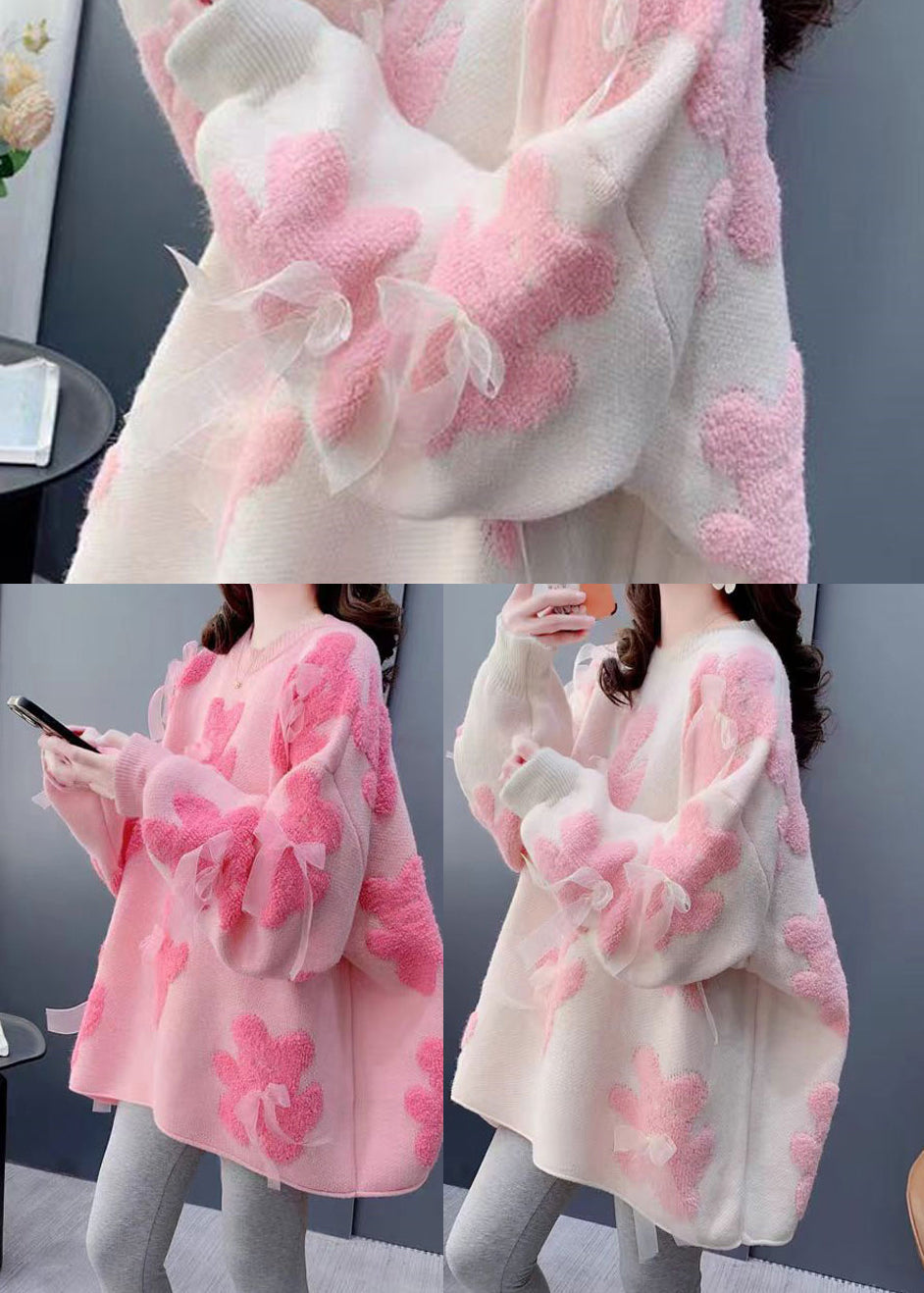 Handmade Pink Oversized Floral Knit Bow Sweater Winter