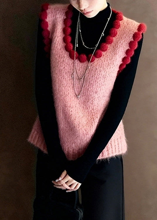Handmade Pink Oversized Fuzzy Ball Decorated Knitted Vests Winter