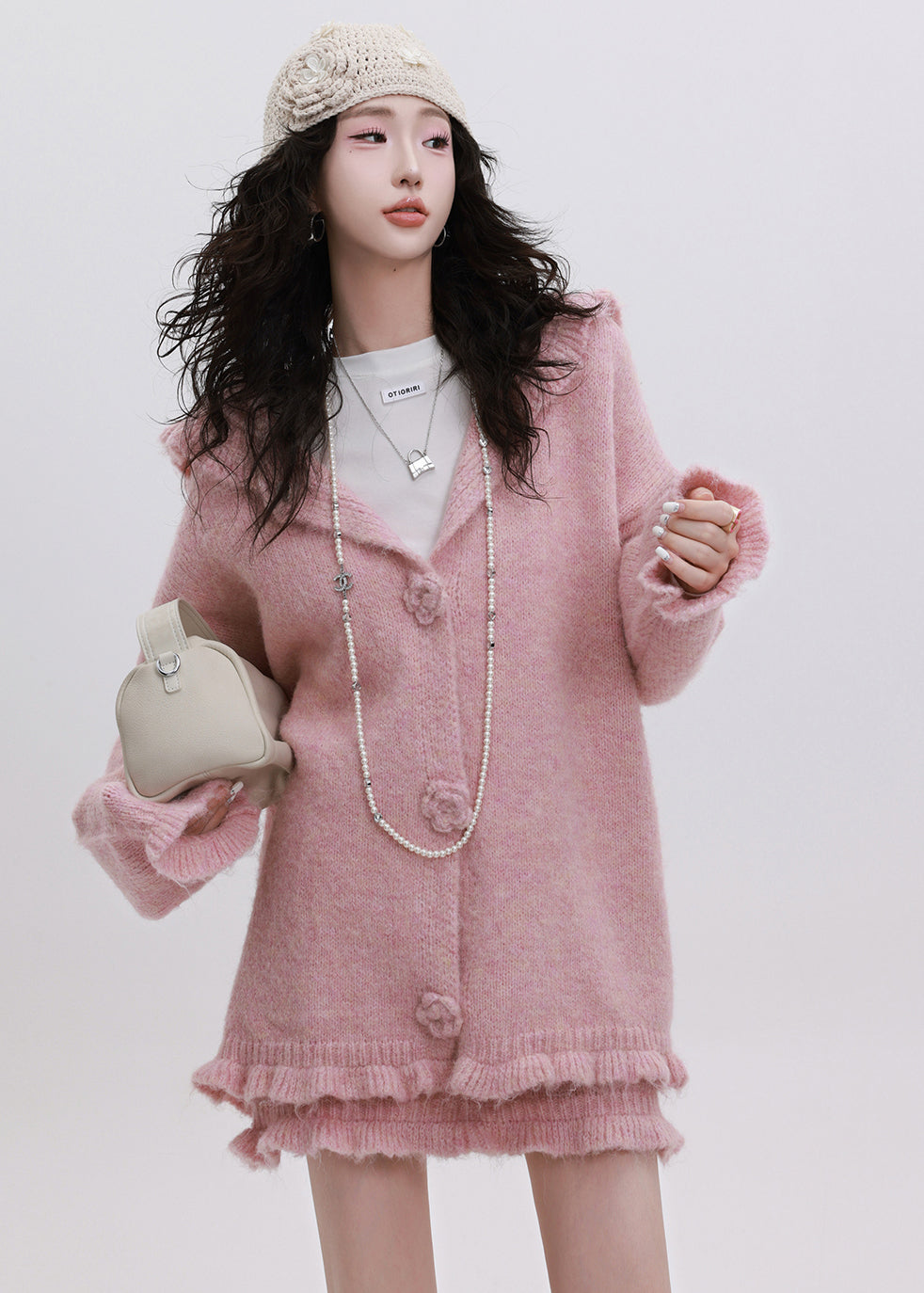 Handmade Pink Ruffled Hooded Knit Loose Two Pieces Set Winter