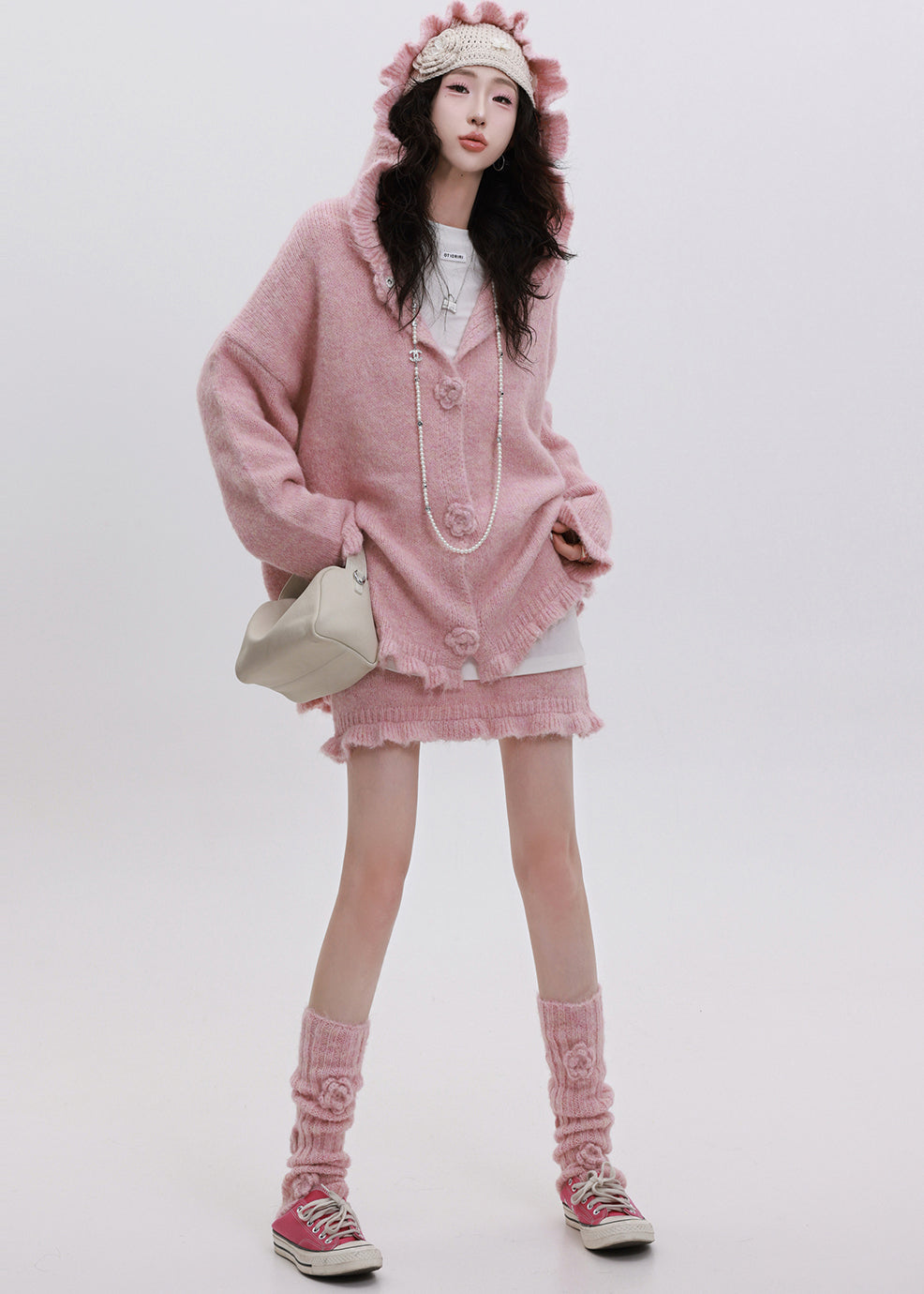 Handmade Pink Ruffled Hooded Knit Loose Two Pieces Set Winter