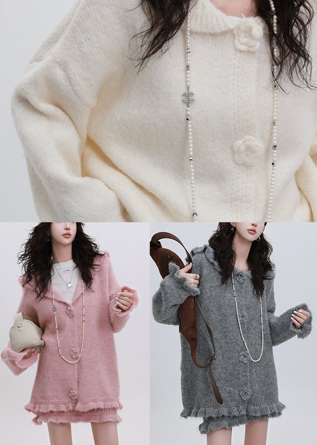 Handmade Pink Ruffled Hooded Knit Loose Two Pieces Set Winter