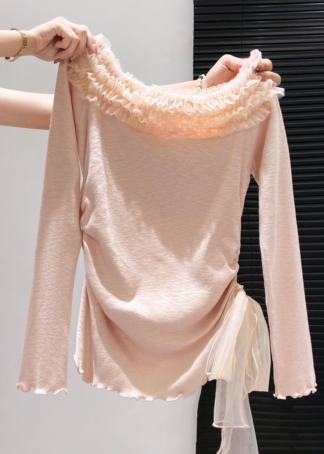 Handmade Pink Ruffled Patchwork Cotton Tops Fall