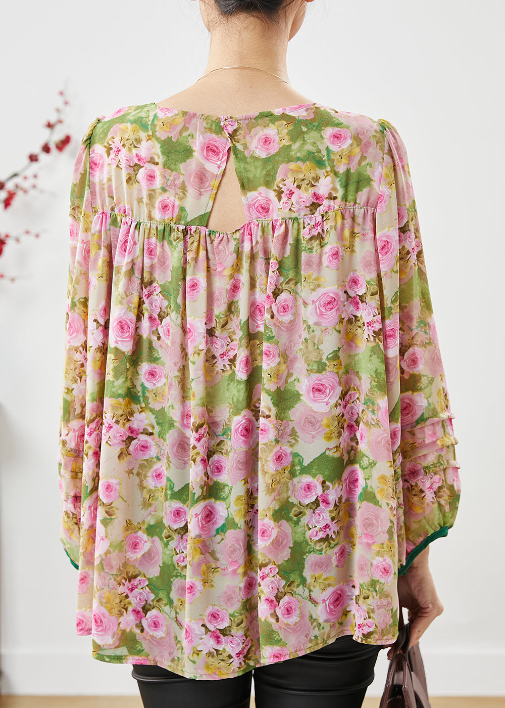 Handmade Pink Square Collar Floral Print Chiffon Shirts Spring