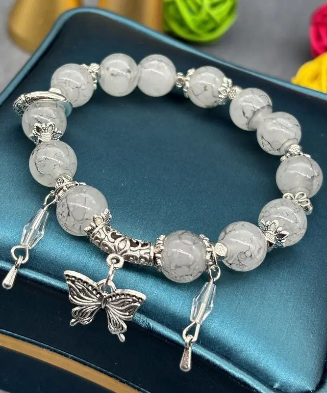Handmade Pink Sterling Silver Butterfly Glass Bead Charm Bracelet