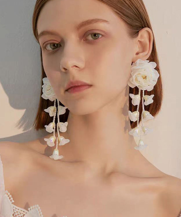 Handmade Pink Tulle Floral Long Stud Earrings