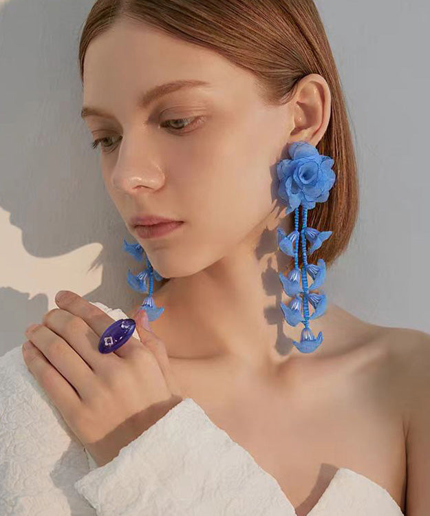 Handmade Pink Tulle Floral Long Stud Earrings