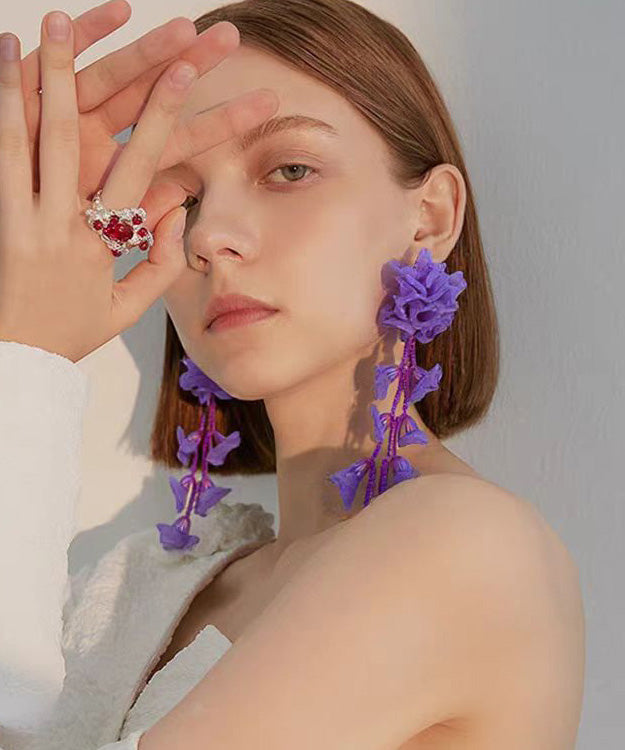 Handmade Pink Tulle Floral Long Stud Earrings