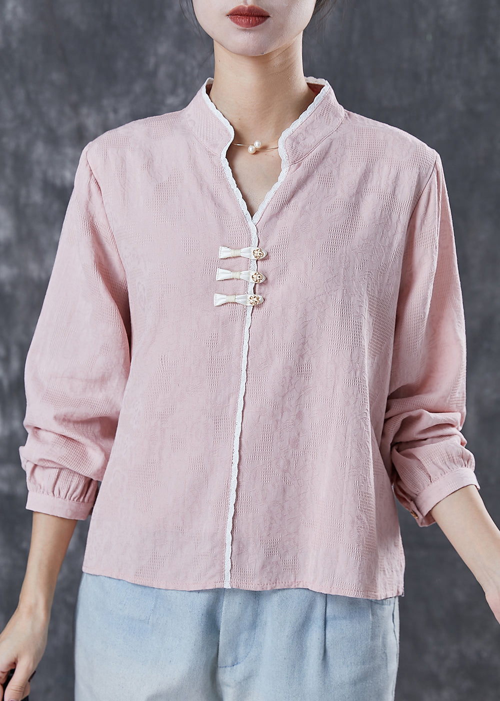 Handmade Pink V Neck Chinese Button Cotton Shirt Top Spring