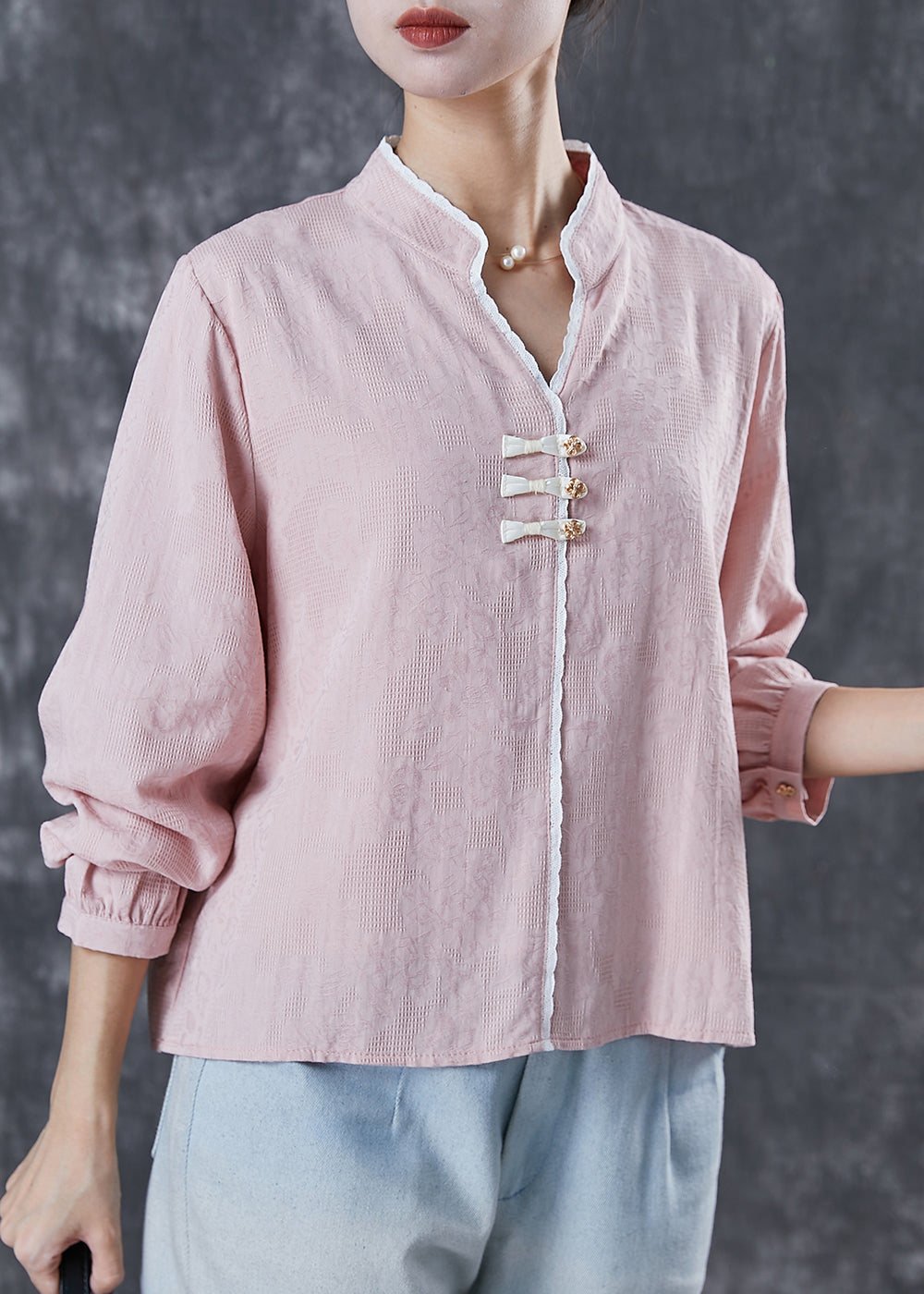 Handmade Pink V Neck Chinese Button Cotton Shirt Top Spring