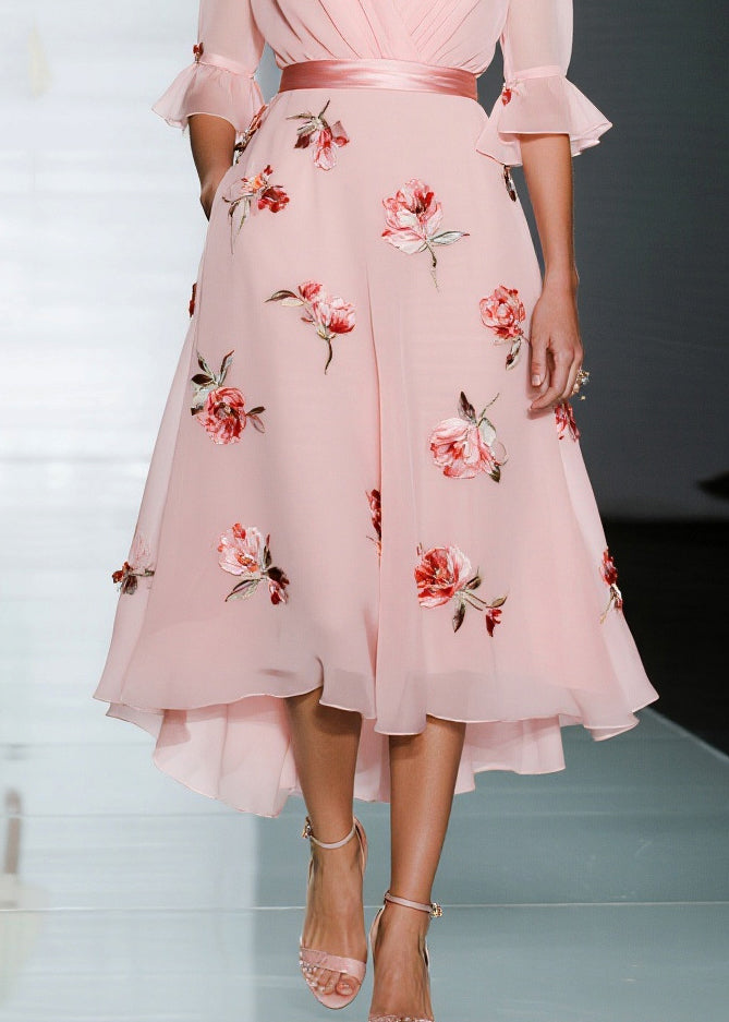 Handmade Pink V Neck Floral Chiffon Party Dresses Flare Sleeve