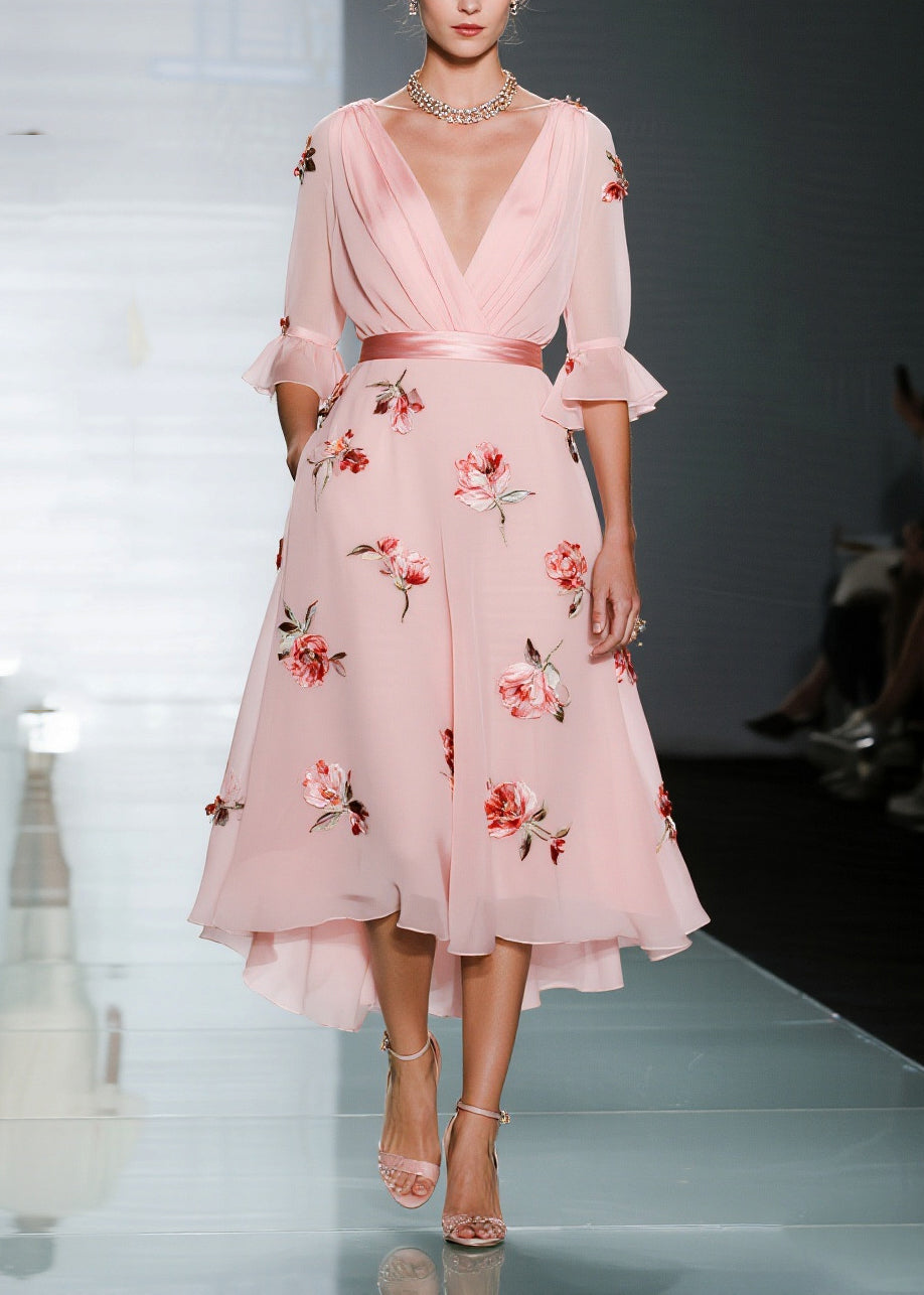 Handmade Pink V Neck Floral Chiffon Party Dresses Flare Sleeve