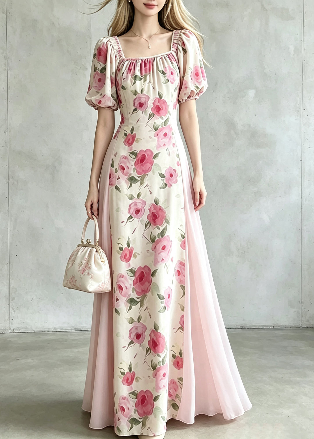 Handmade Pink Wrinkled Tulle Patchwork Maxi Dress Summer
