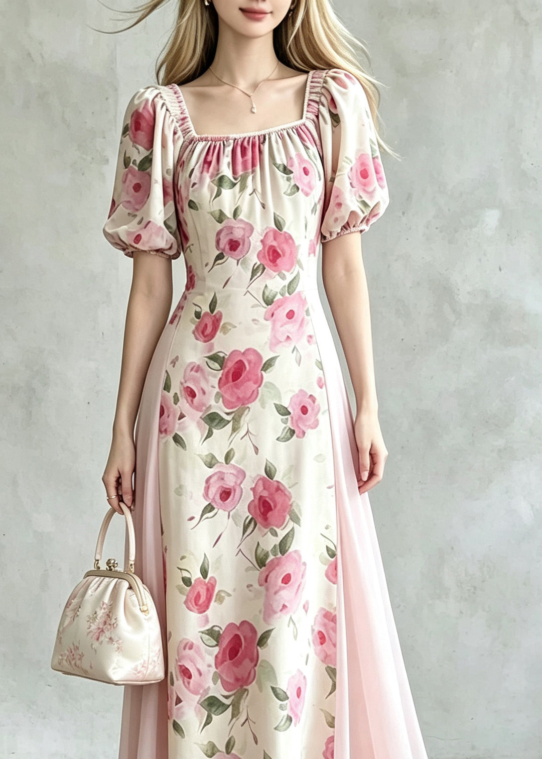 Handmade Pink Wrinkled Tulle Patchwork Maxi Dress Summer