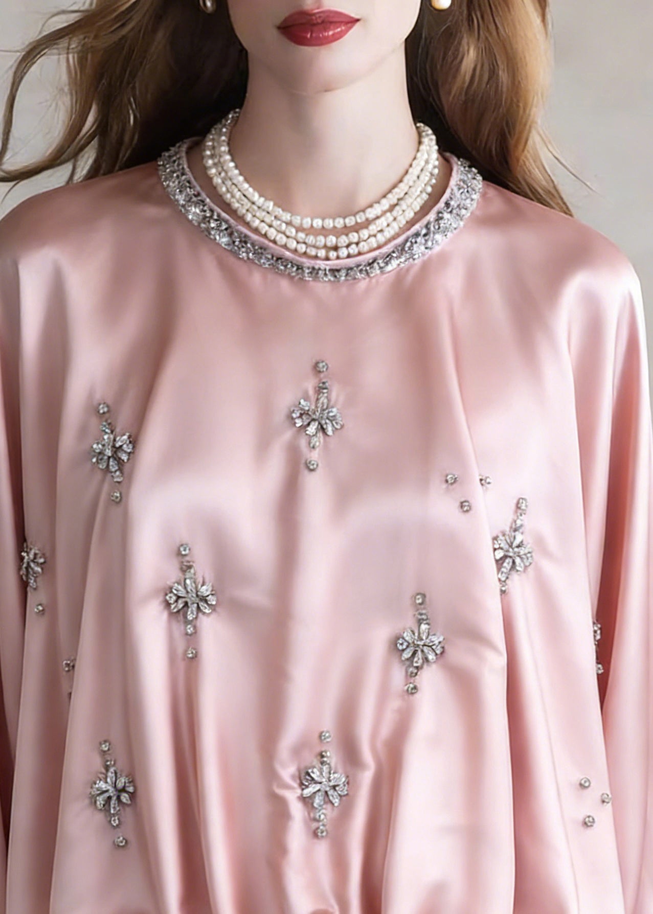 Handmade Pink Zircon Wrinkled Silk Shirt Batwing Sleeve - Omychic