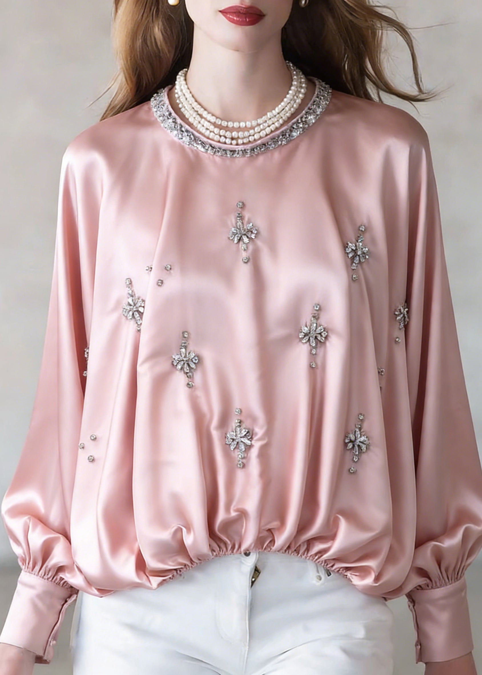 Handmade Pink Zircon Wrinkled Silk Shirt Batwing Sleeve - Omychic