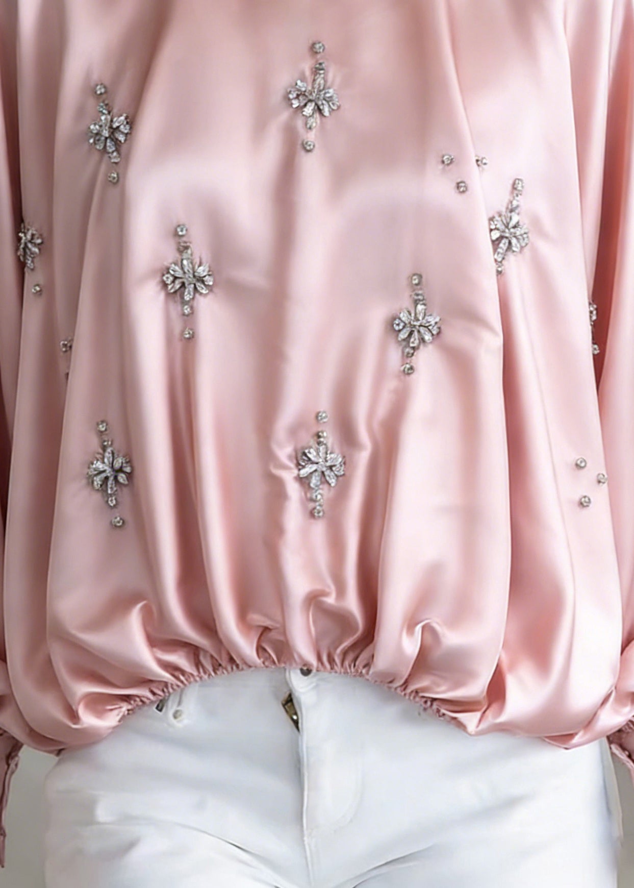 Handmade Pink Zircon Wrinkled Silk Shirt Batwing Sleeve - Omychic
