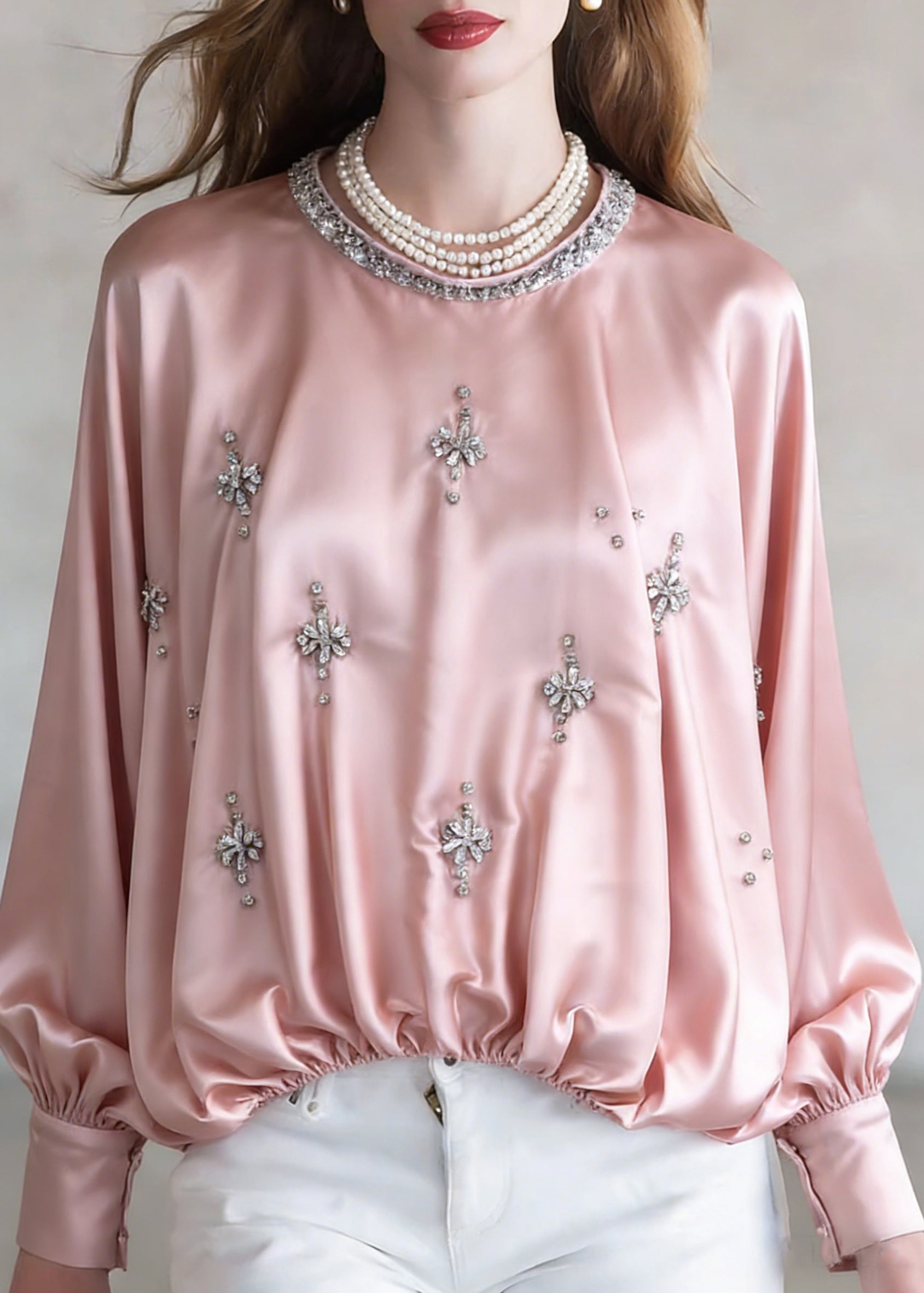 Handmade Pink Zircon Wrinkled Silk Shirt Batwing Sleeve - Omychic