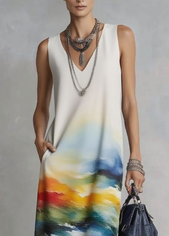 Handmade Print Mid Dresses V Neck Pockets Sleeveless - Omychic