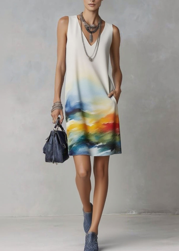 Handmade Print Mid Dresses V Neck Pockets Sleeveless - Omychic