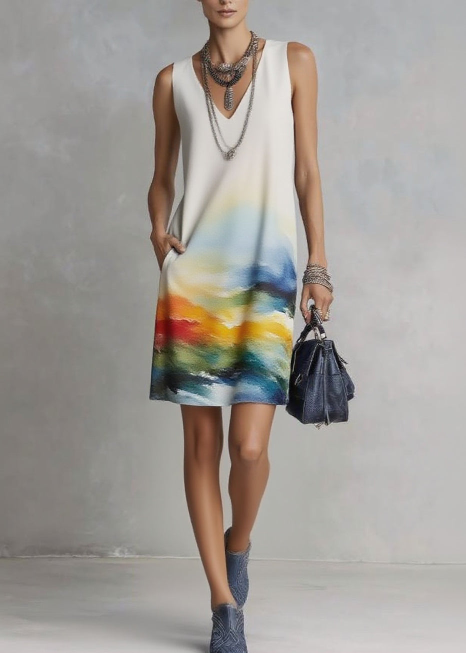 Handmade Print Mid Dresses V Neck Pockets Sleeveless - Omychic