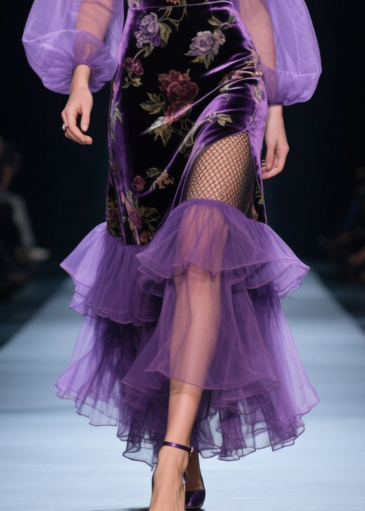 Handmade Purple Cold Shoulder Patchwork Tulle Silk Velvet Vestidos Dress Spring