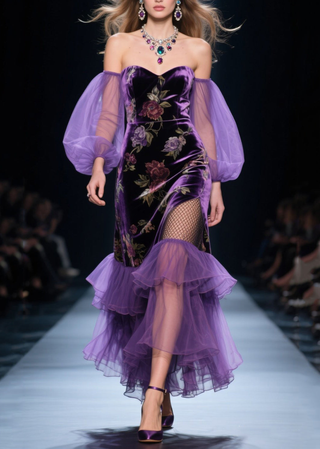 Handmade Purple Cold Shoulder Patchwork Tulle Silk Velvet Vestidos Dress Spring