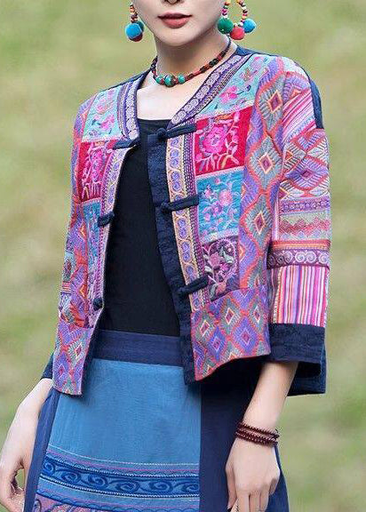 Handmade Purple Embroidered Chinese Button Cotton Coat Spring