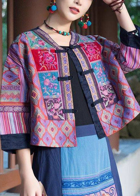 Handmade Purple Embroidered Chinese Button Cotton Coat Spring