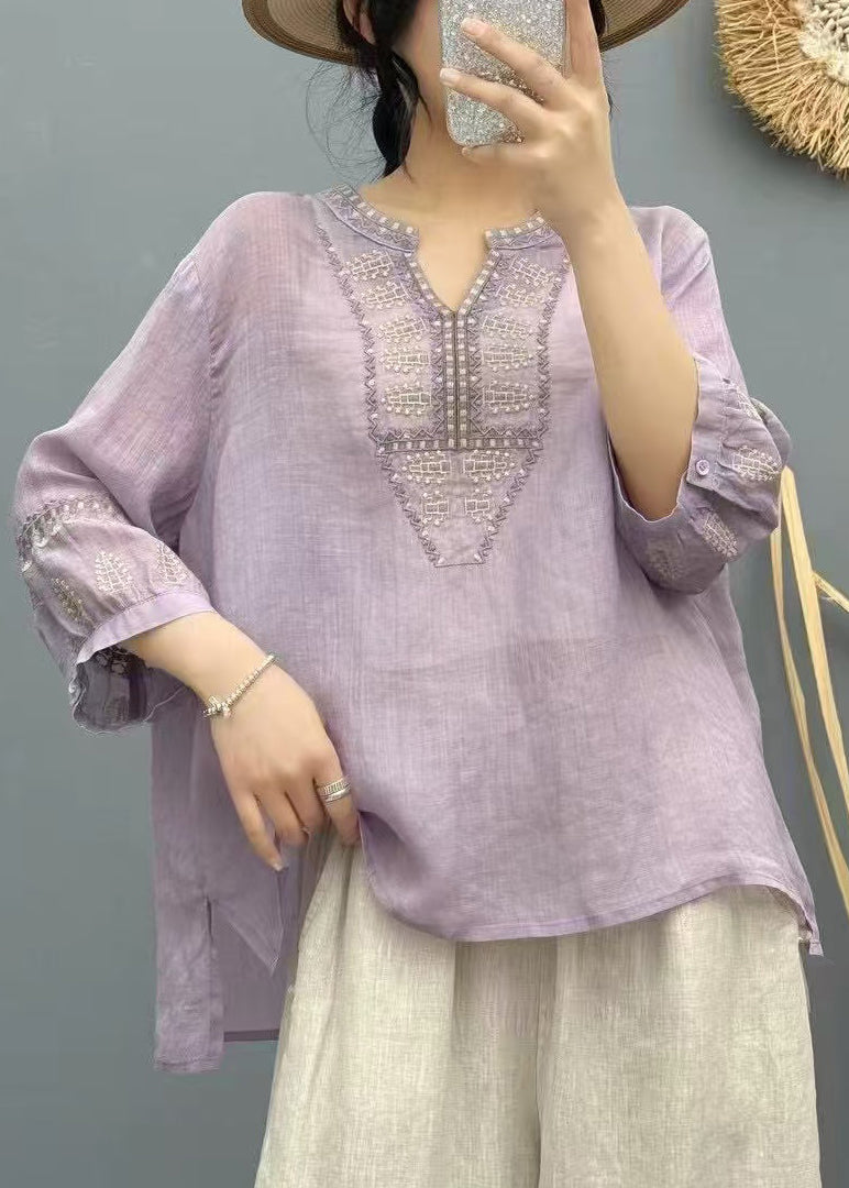 Handmade Purple Embroidered Linen Loose Shirts Bracelet Sleeve