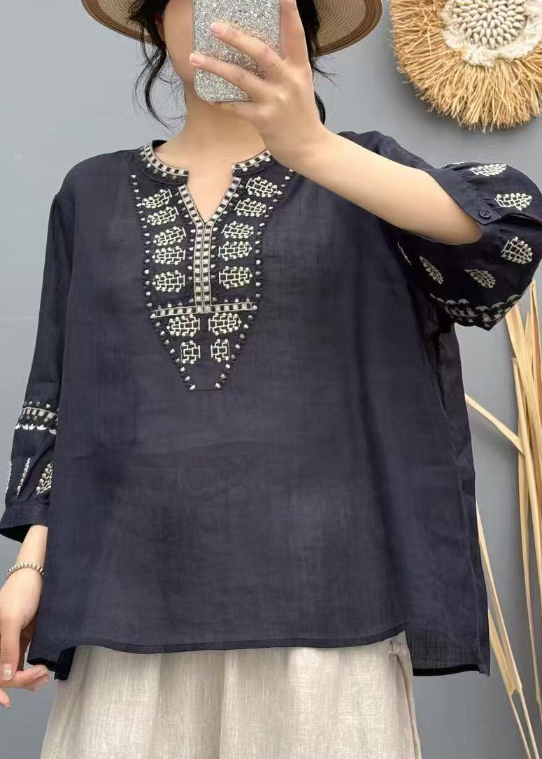 Handmade Purple Embroidered Linen Loose Shirts Bracelet Sleeve