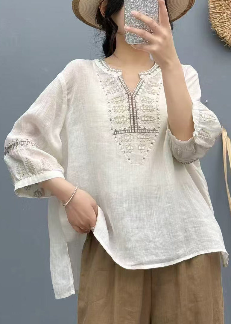 Handmade Purple Embroidered Linen Loose Shirts Bracelet Sleeve