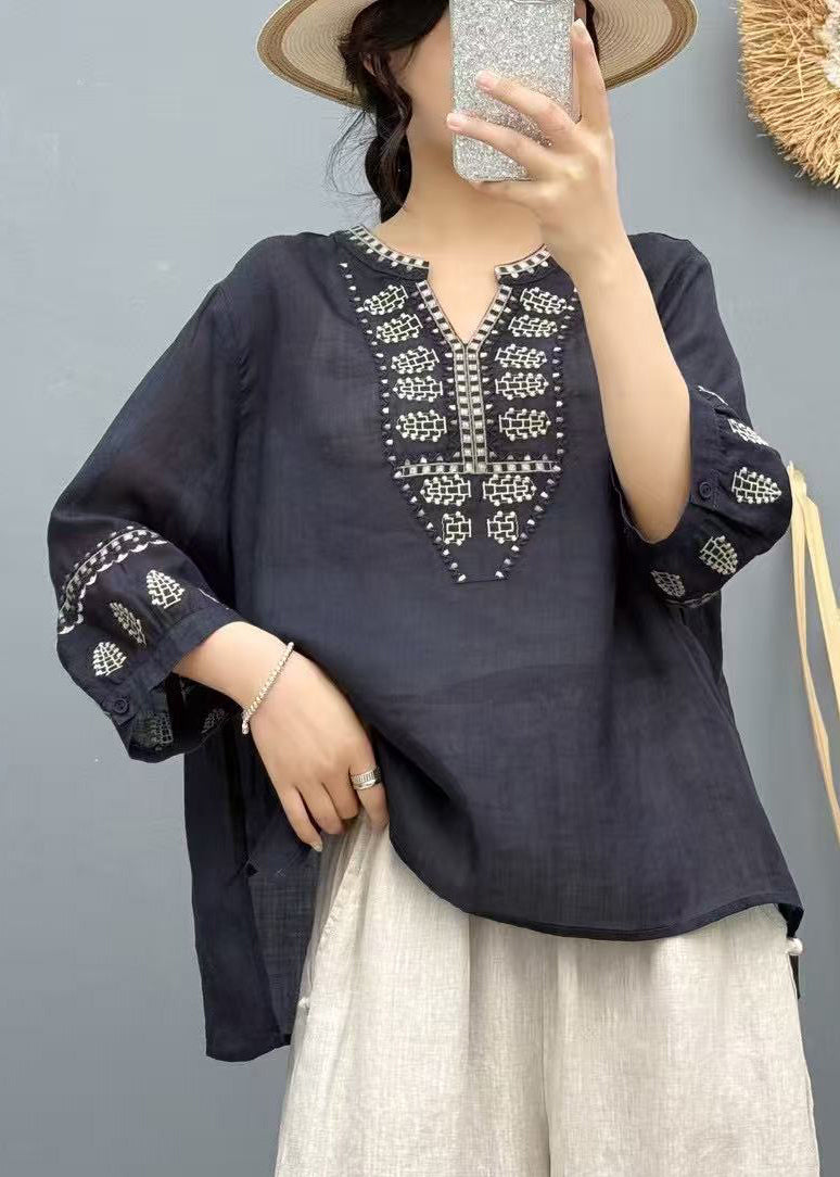 Handmade Purple Embroidered Linen Loose Shirts Bracelet Sleeve
