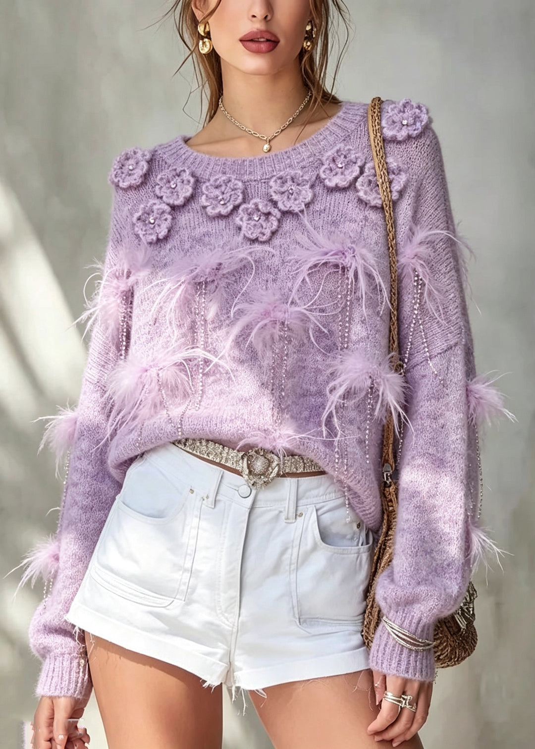 Handmade Purple O-Neck Floral Cotton Knit Sweater Fall