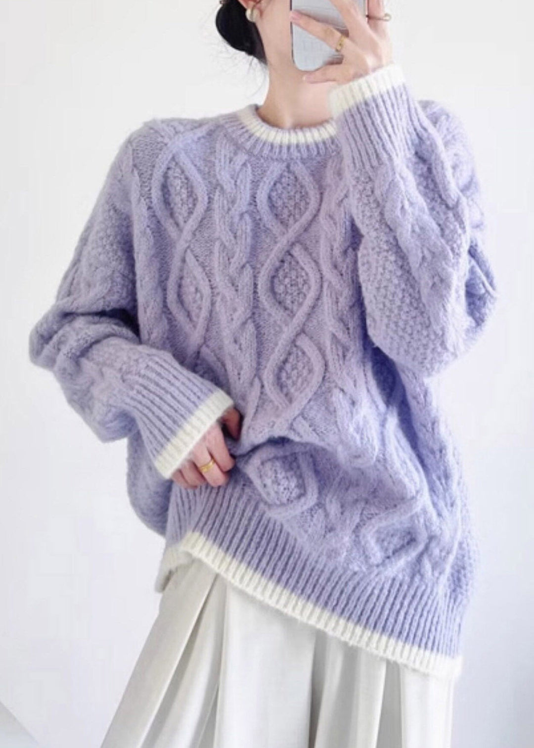 Handmade Purple O-Neck Solid Cotton Knit Sweater Fall