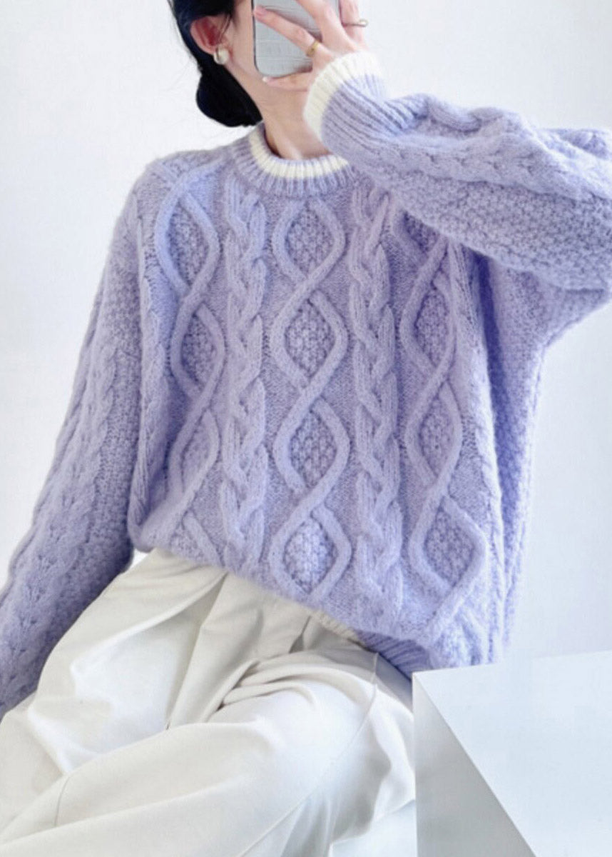Handmade Purple O-Neck Solid Cotton Knit Sweater Fall