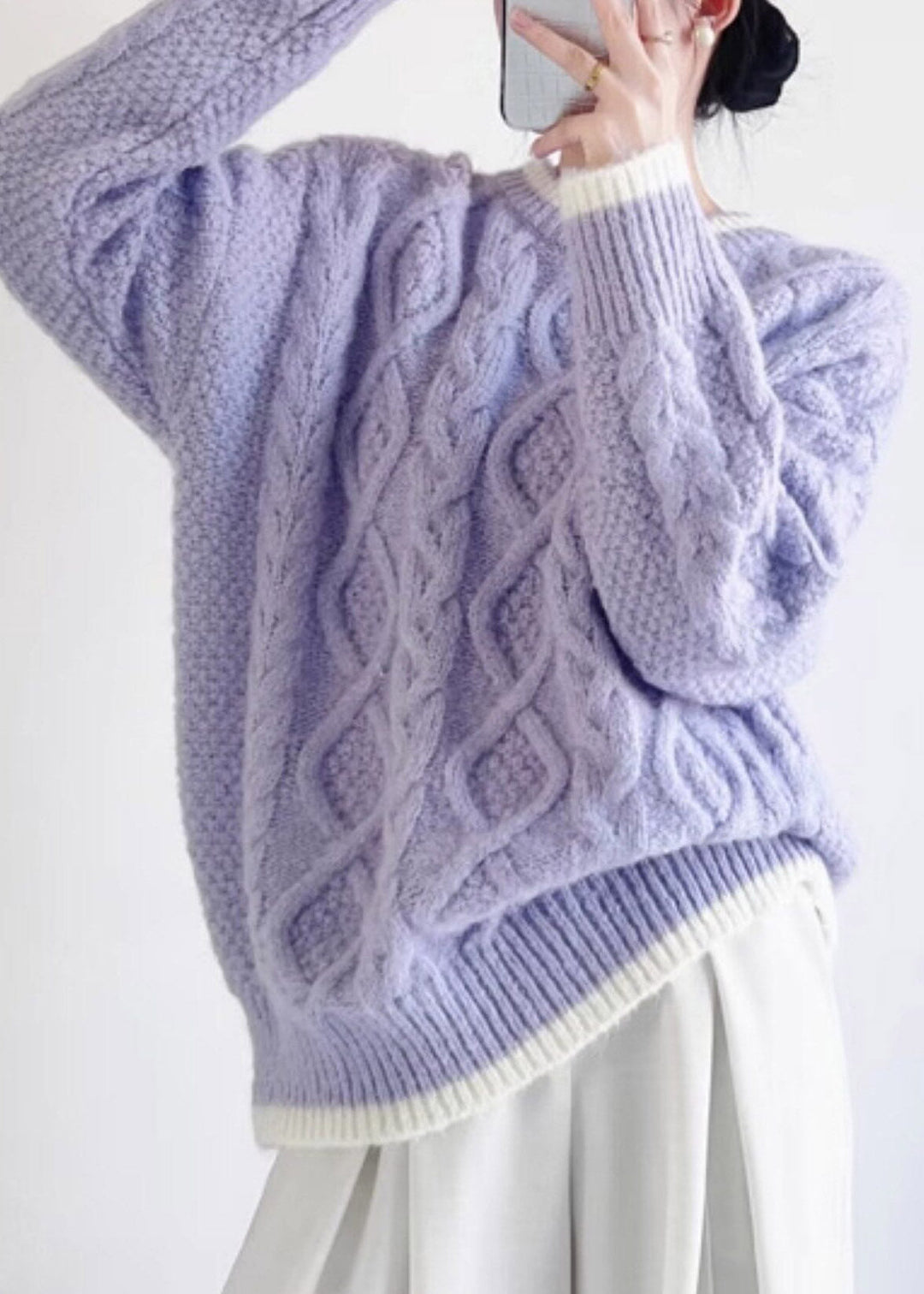 Handmade Purple O-Neck Solid Cotton Knit Sweater Fall
