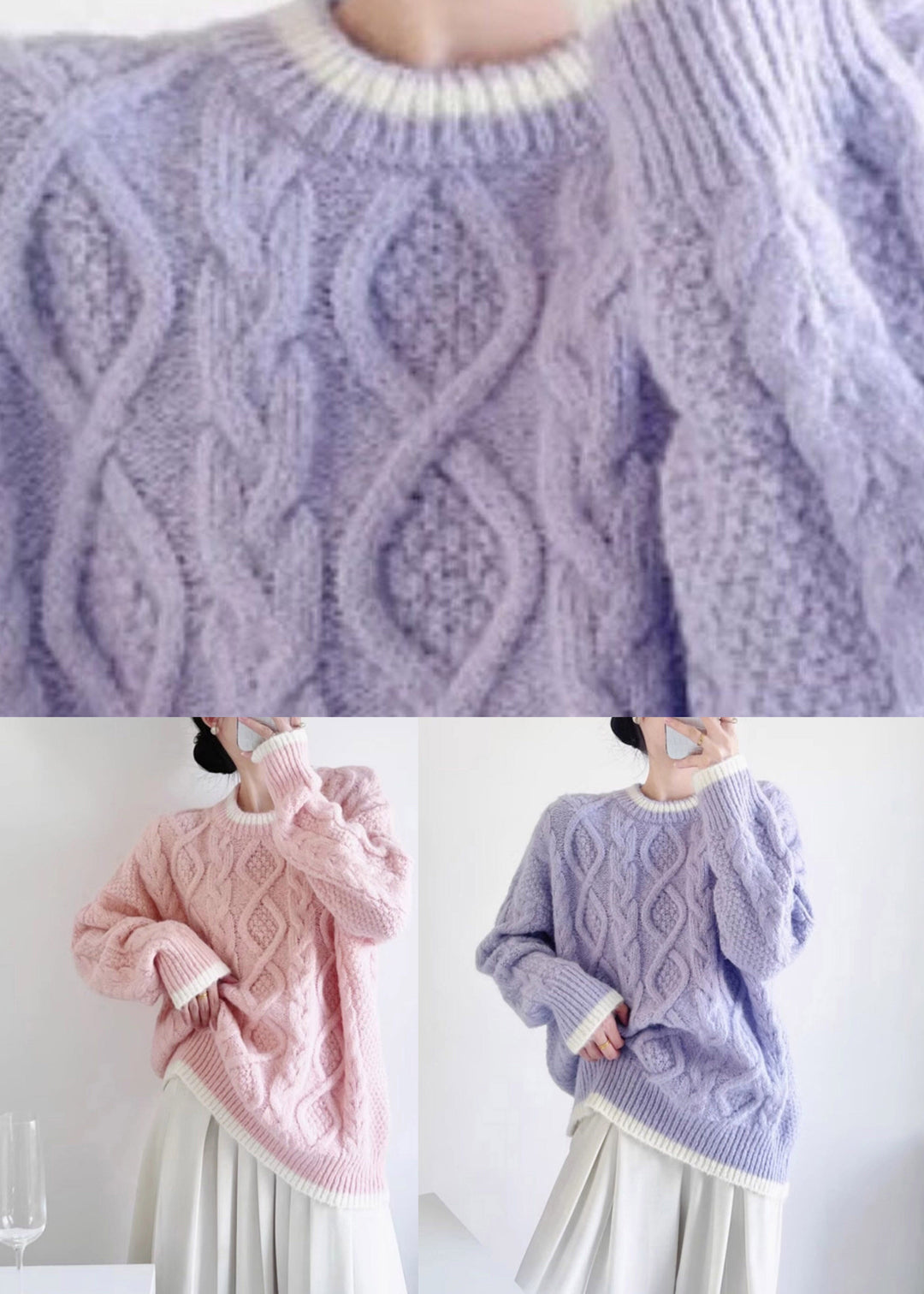 Handmade Purple O-Neck Solid Cotton Knit Sweater Fall