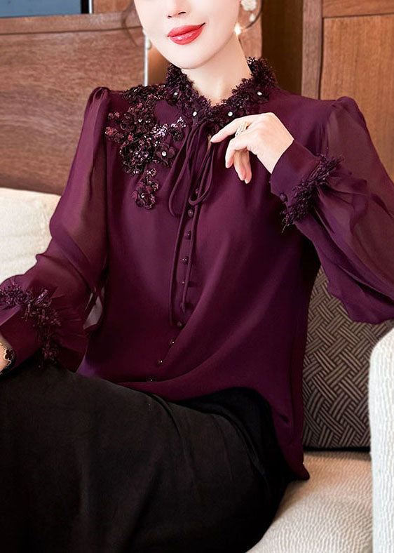 Handmade Purple Sequins Lace Up Chiffon Shirts Fall