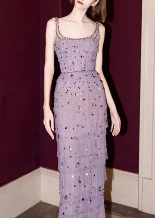 Handmade Purple Wrinkled Side Open Tulle Ankle Dress Sleeveless