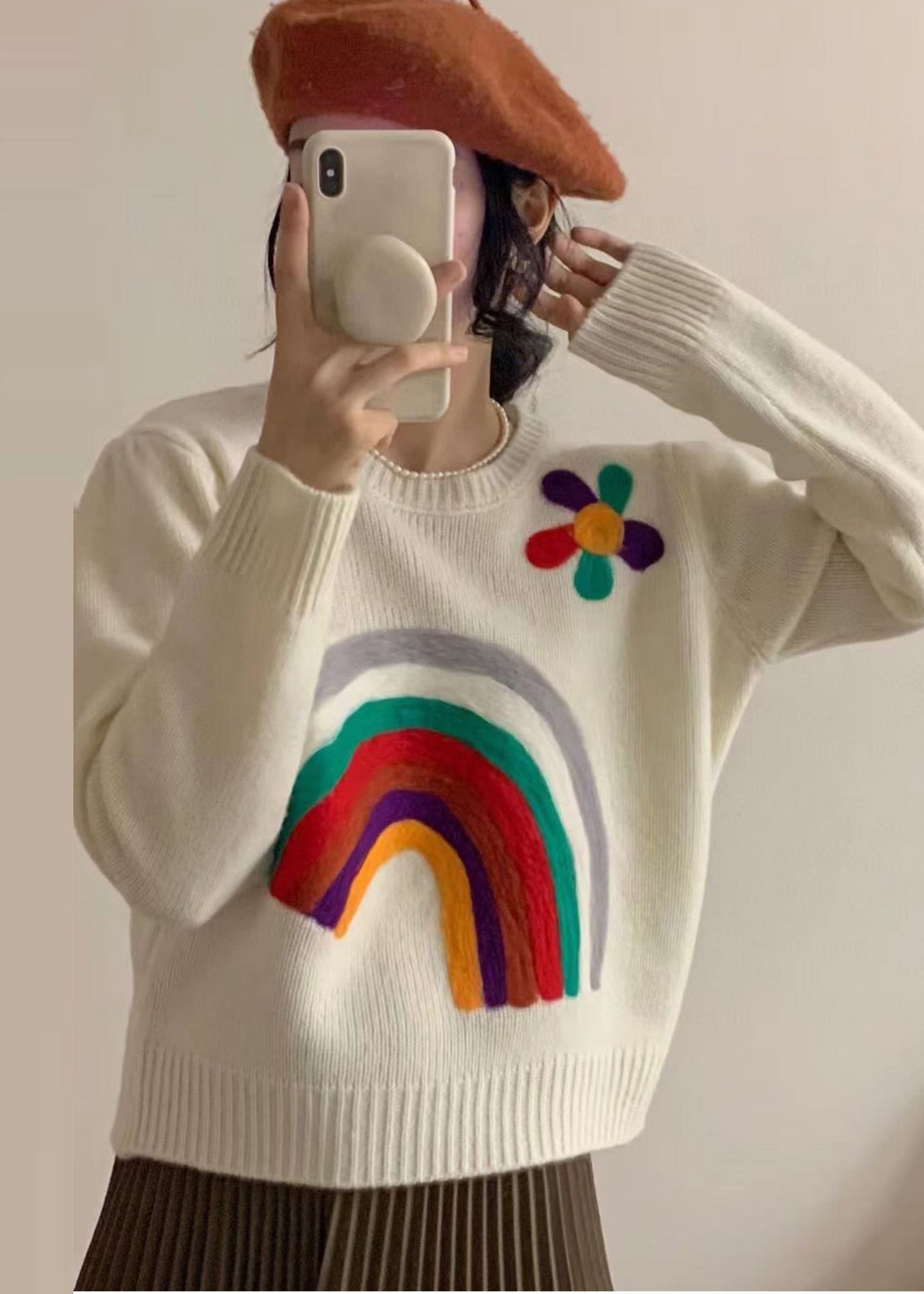 Handmade Rainbow Embroidered Warm Knit Sweaters Winter