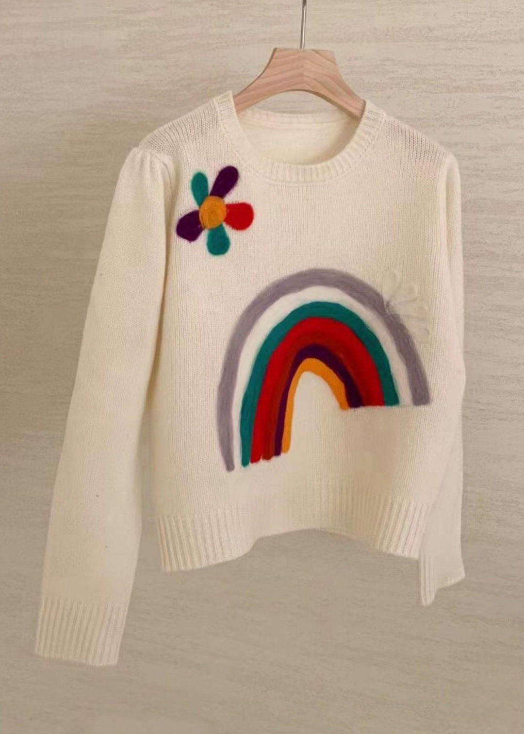 Handmade Rainbow Embroidered Warm Knit Sweaters Winter